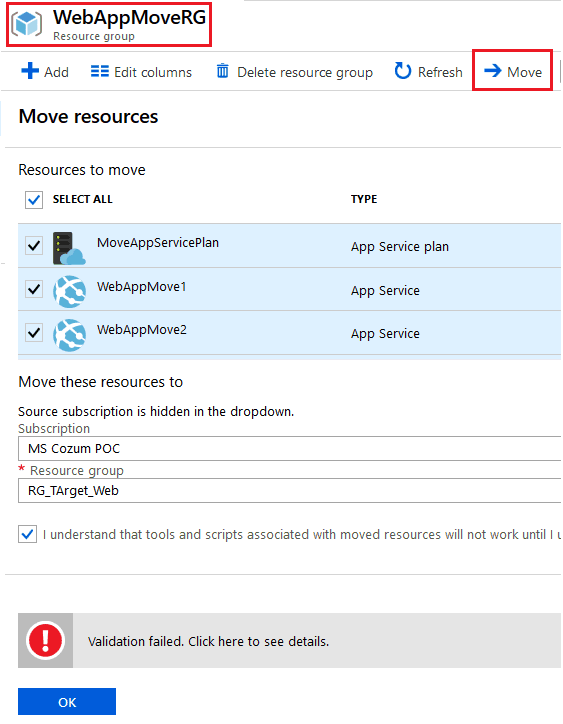 Resource Move Validation Failed, Cannot Move App Service