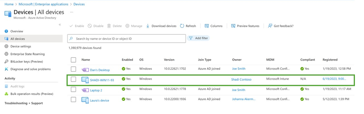 A screenshot of the All devices page in the Microsoft Azure portal with an example device highlighted.