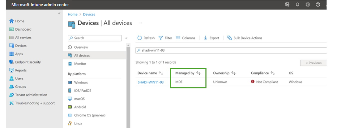 A screenshot of the device page in the Intune admin center with the Managed by status of the device highlighted.
