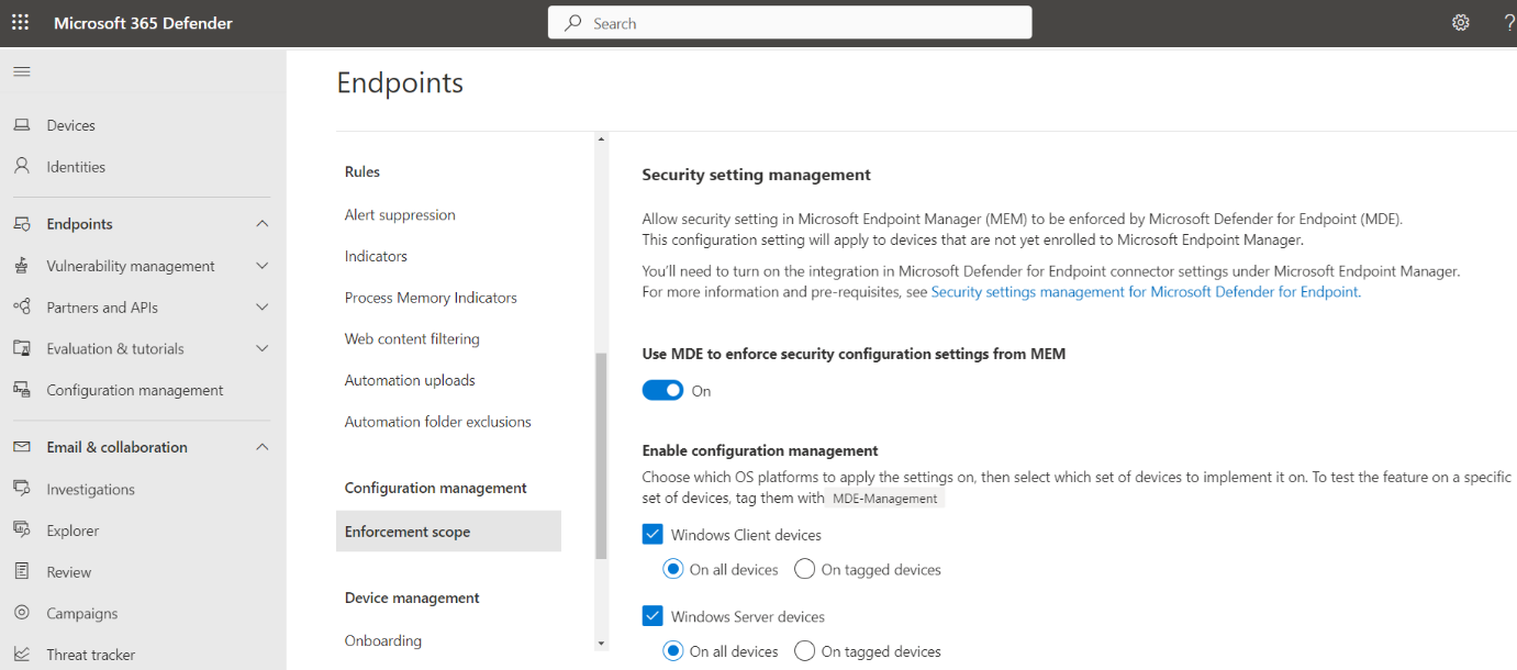 Enable Microsoft Defender for Endpoint settings management in the Microsoft Defender portal.